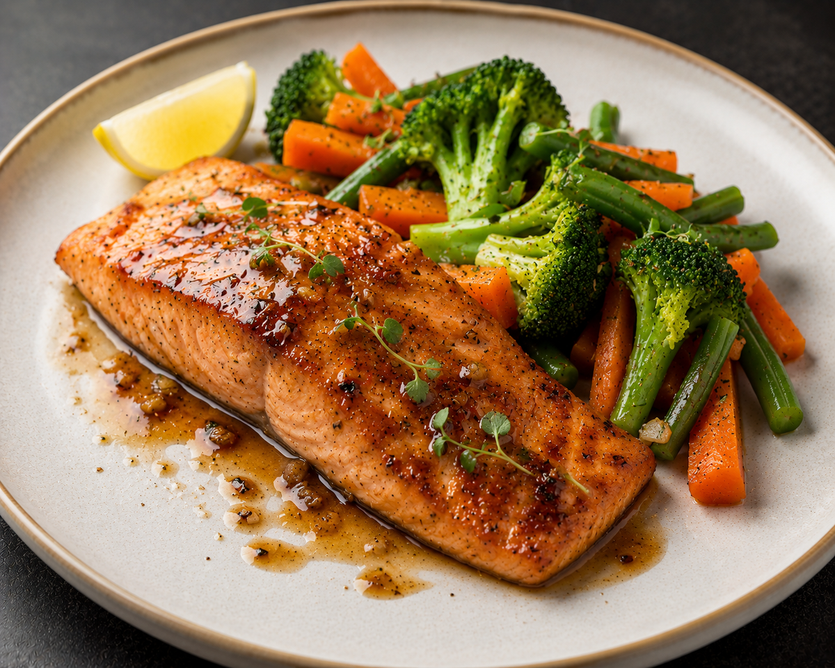 (BULK RANGE) Honey Glazed Salmon with Steamed Vegetables 600g
