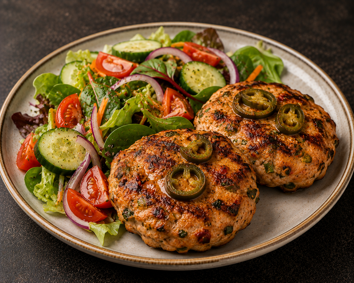 (BULK RANGE) Spicy Jalapeno Chicken Burgers & Salad 600g