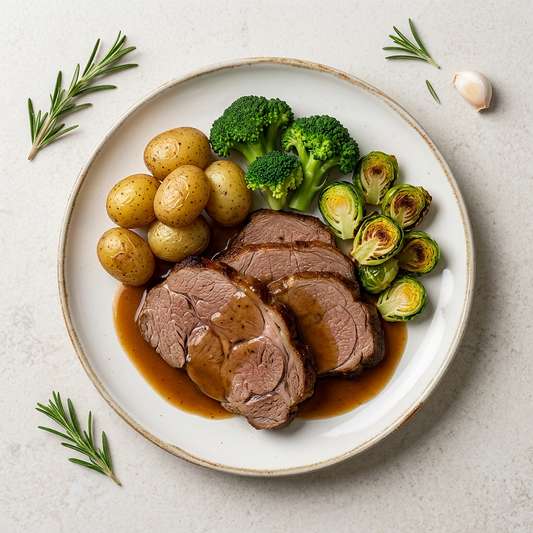 Roast lamb with potatoes, broccoli, Brussels sprouts and gravy