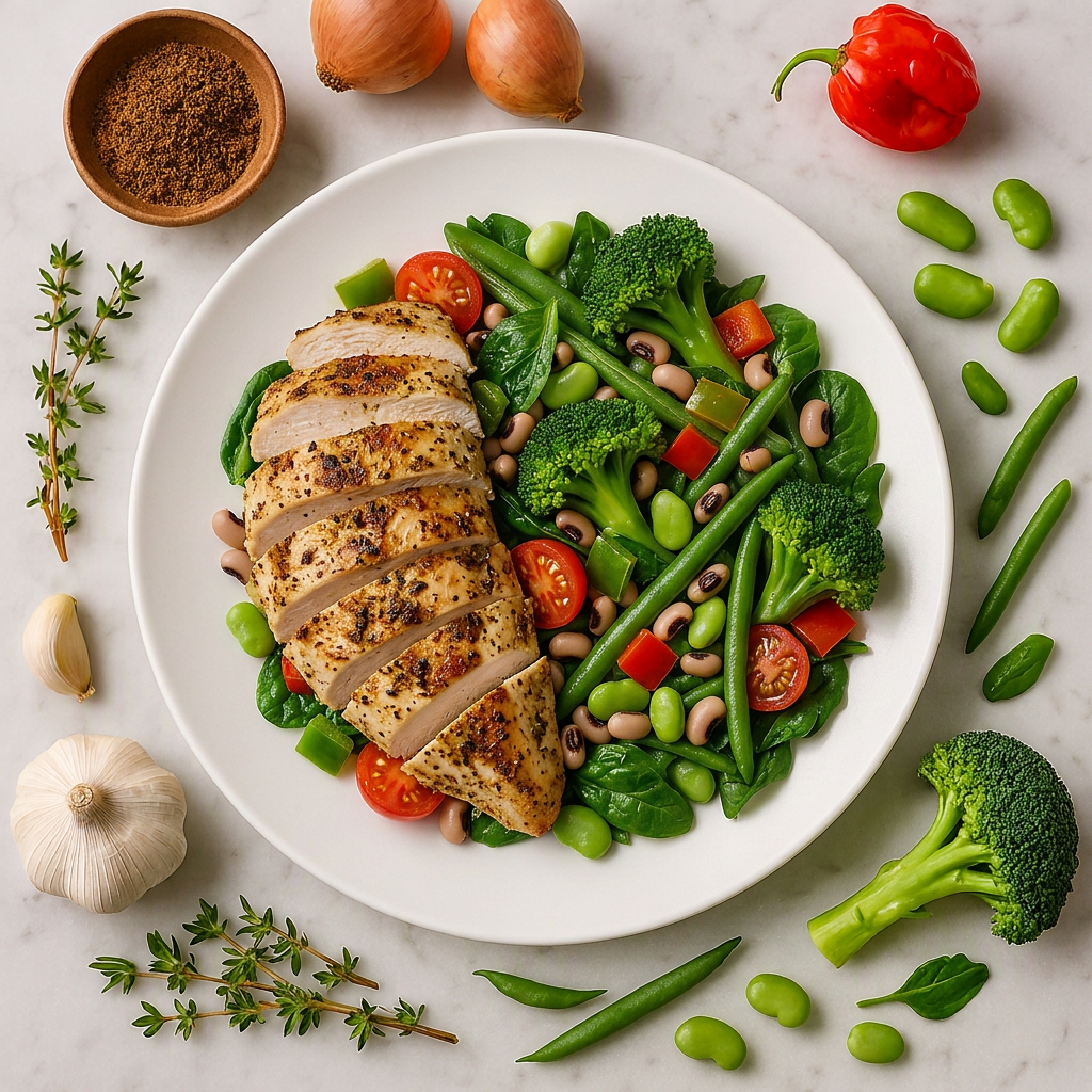 Jerk-seasoned chicken breast with summer greens, peppers, tomatoes and beans