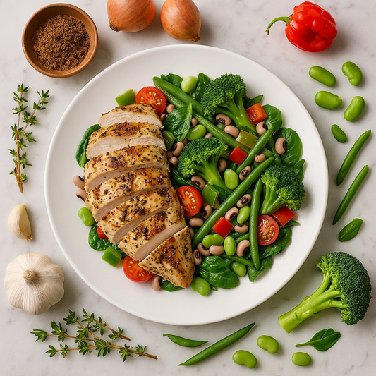 Jerk-seasoned chicken breast with summer greens, peppers, tomatoes and beans