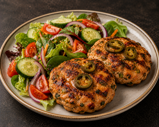 (BULK RANGE) Spicy Jalapeno Chicken Burgers & Salad 600g